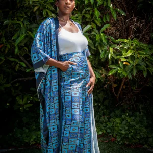 Ensemble kimono et pantalon satin ethnique bleu