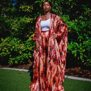 Ensemble Kimono Satin rouge orangé