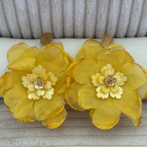 BOUCLES D'OREILLES FLEUR TISSUS JAUNES