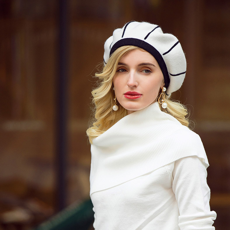 Béret Laine Chic Blanc Rayé Noir – Image 2