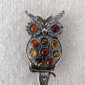 Broche Hibou argent sterling et véritable ambre naturel baltique
