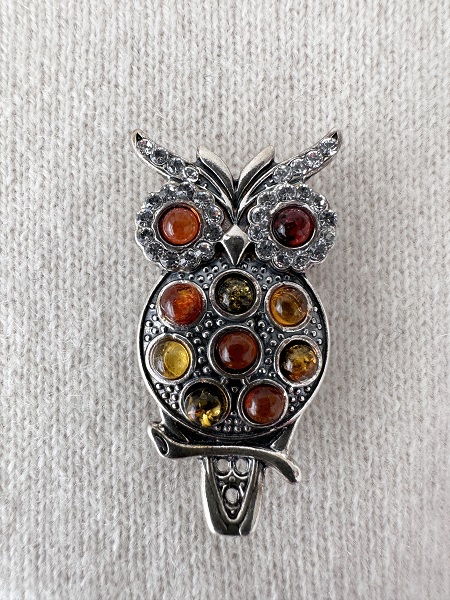 Broche Hibou argent sterling et véritable ambre naturel baltique