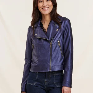 Blouson bleu irisé court esprit motard