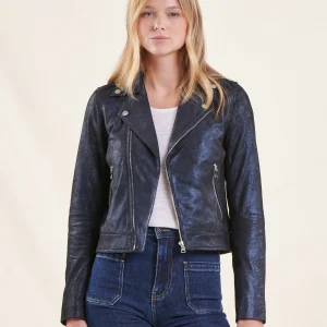 Blouson cuir bleu marine coupe biker