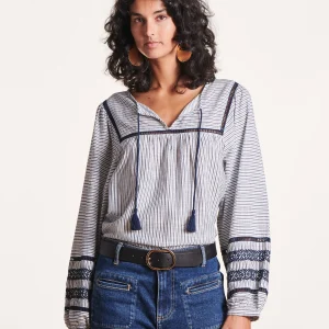 Top bleu en coton biologique à rayures manches longues