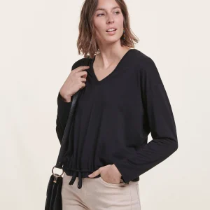 T-shirt blousant noir en lyocell manches longues