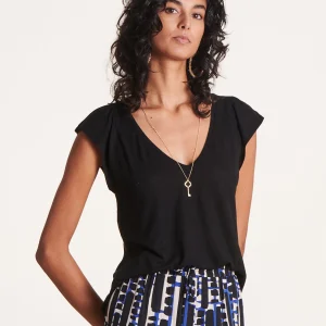 T-shirt ample noir manches courtes en lyocell lin