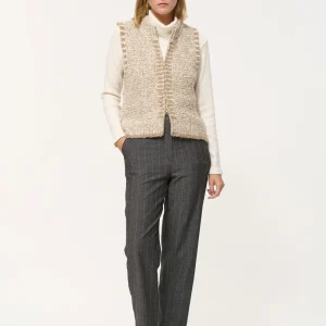 Gilet court beige sans manches maille bicolore