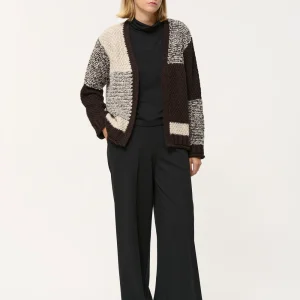 Gilet beige et marron ouvert ample à motif graphique