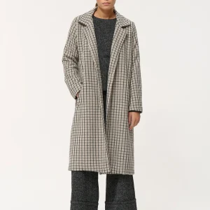 Manteau long gris motif pied-de-poule