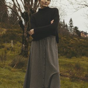 Jupe longue marron évasée à carreaux vichy