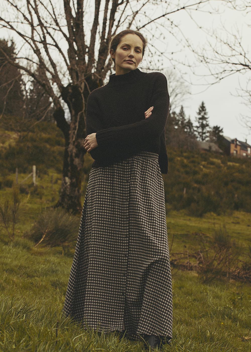 Jupe longue marron évasée à carreaux vichy