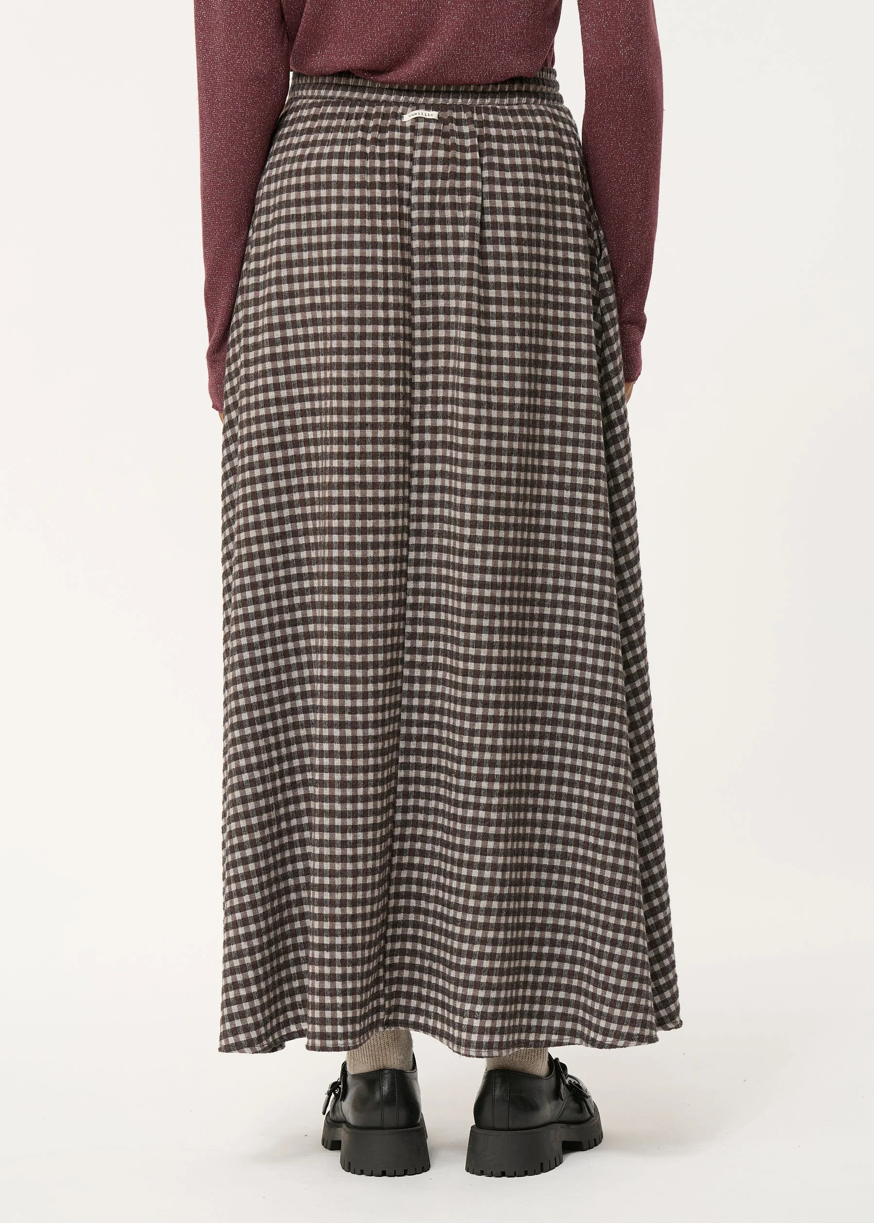 Jupe longue marron évasée à carreaux vichy – Image 3