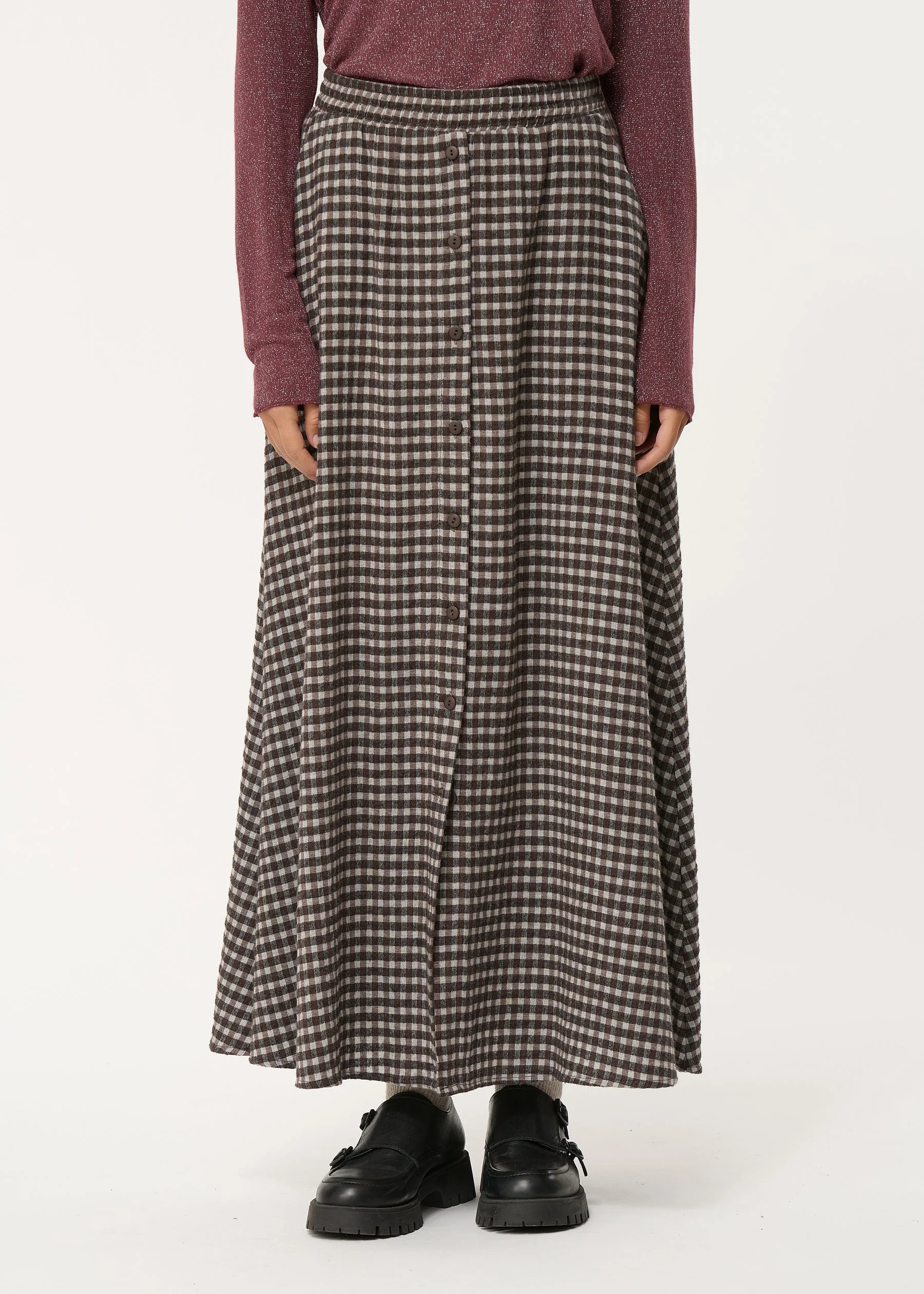 Jupe longue marron évasée à carreaux vichy – Image 6