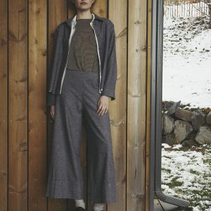 Pantalon large gris foncé à grand revers en flanelle chinée