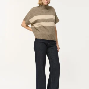 Pull taupe manches courtes à larges rayures