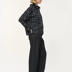 Top oversize bleu marine à imprimé carreaux