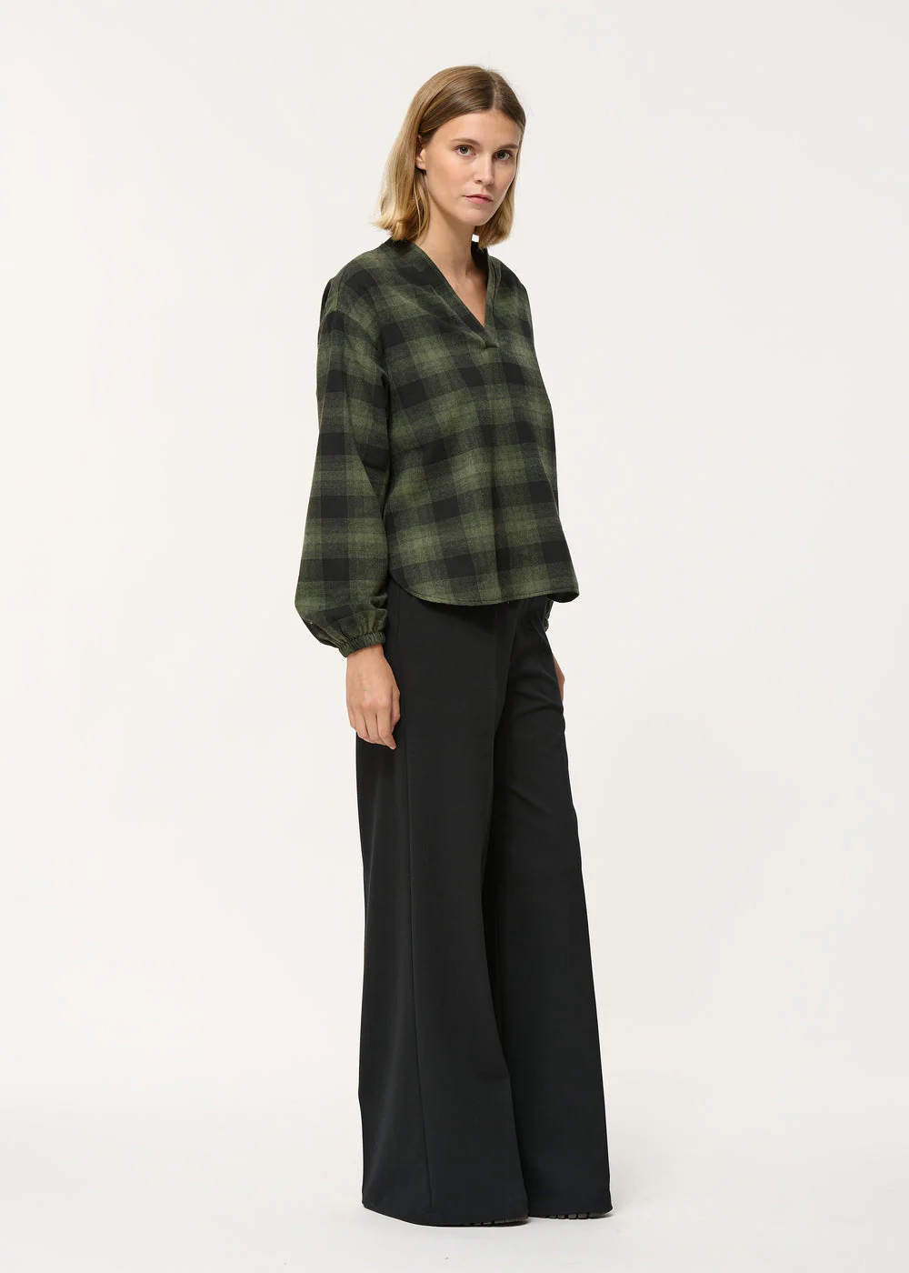 Top ample vert à imprimé carreaux col V