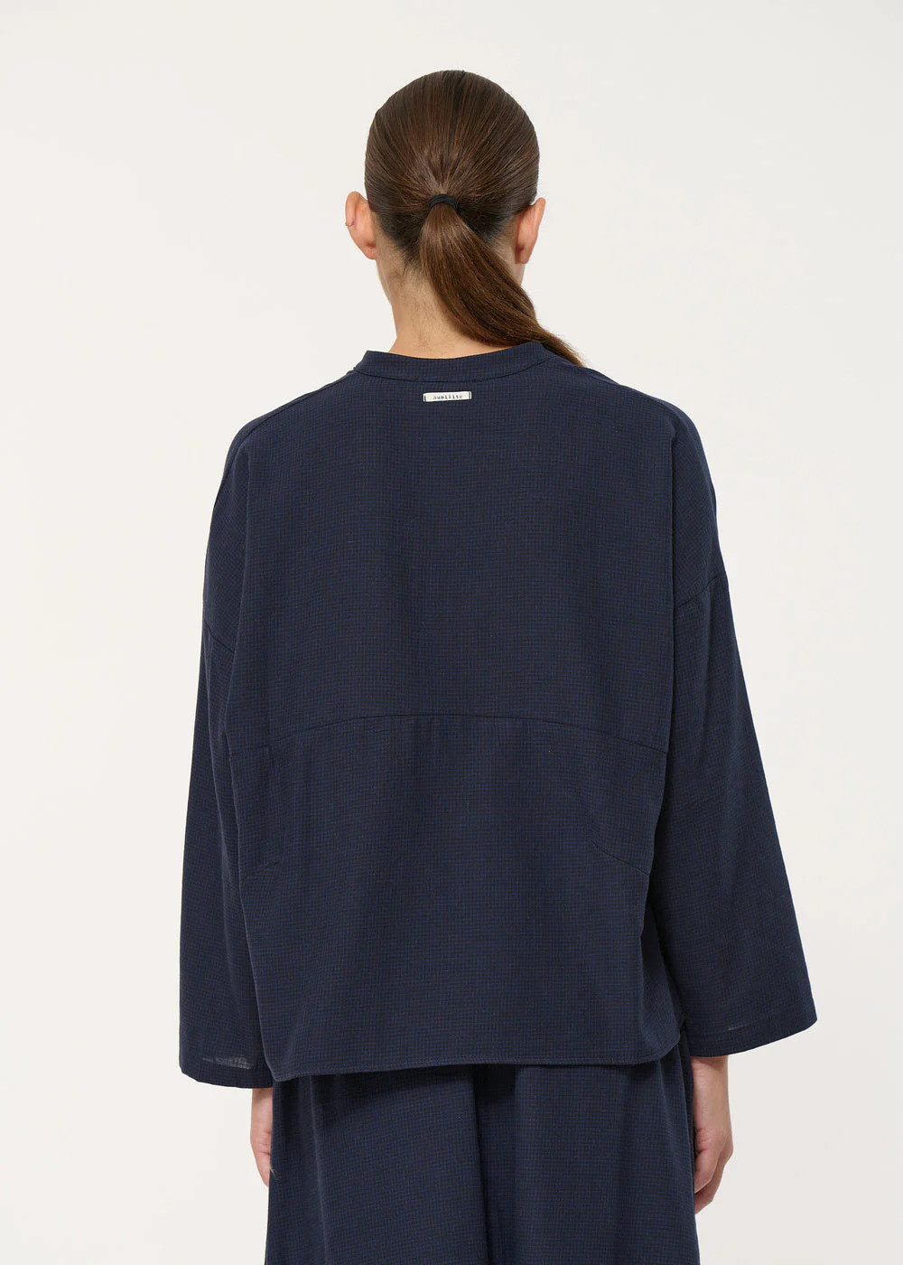 Top oversize bleu marine à imprimé pied-de-poule – Image 2