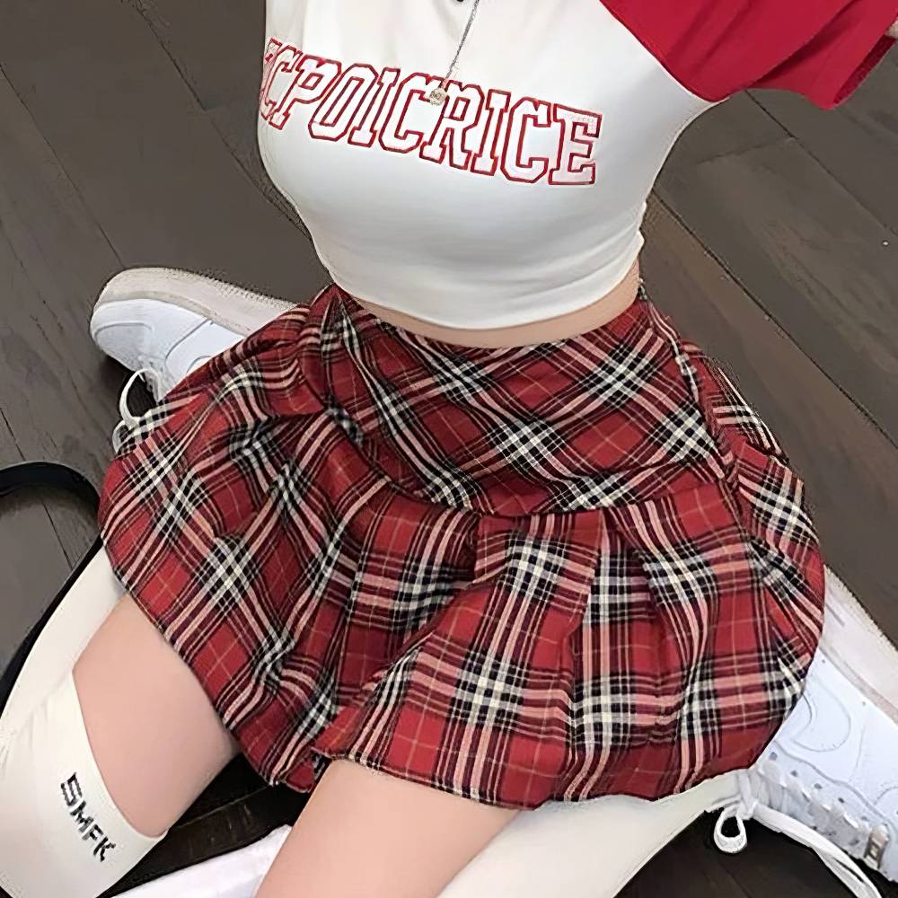 Jupe Écossaise Plissée Vintage À Volants Rouge Et Noir – Image 6