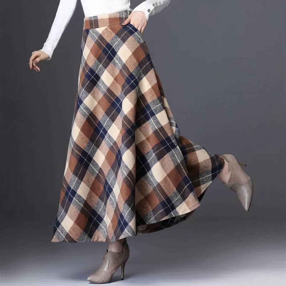 Jupe Longue Écossaise Évasée Marron Et Noir – Image 2