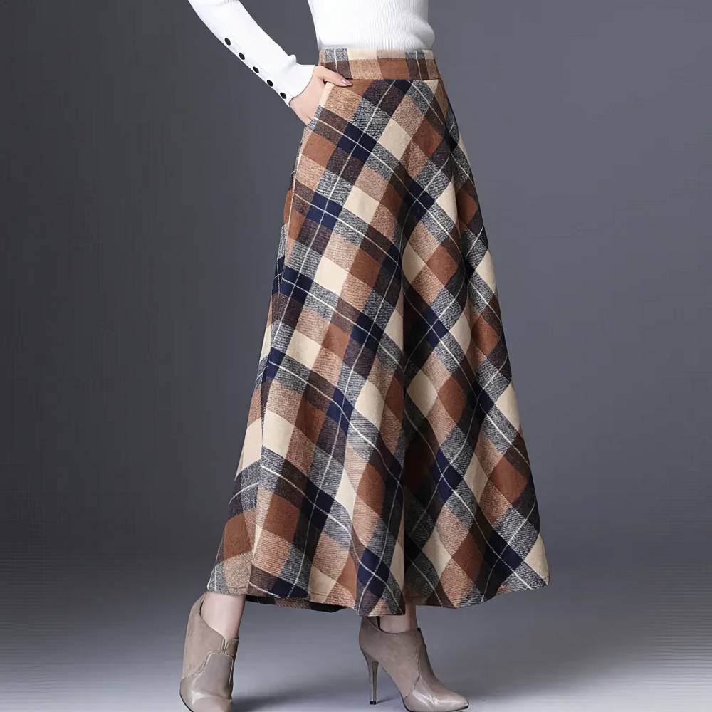 Jupe Longue Écossaise Évasée Marron Et Noir – Image 3