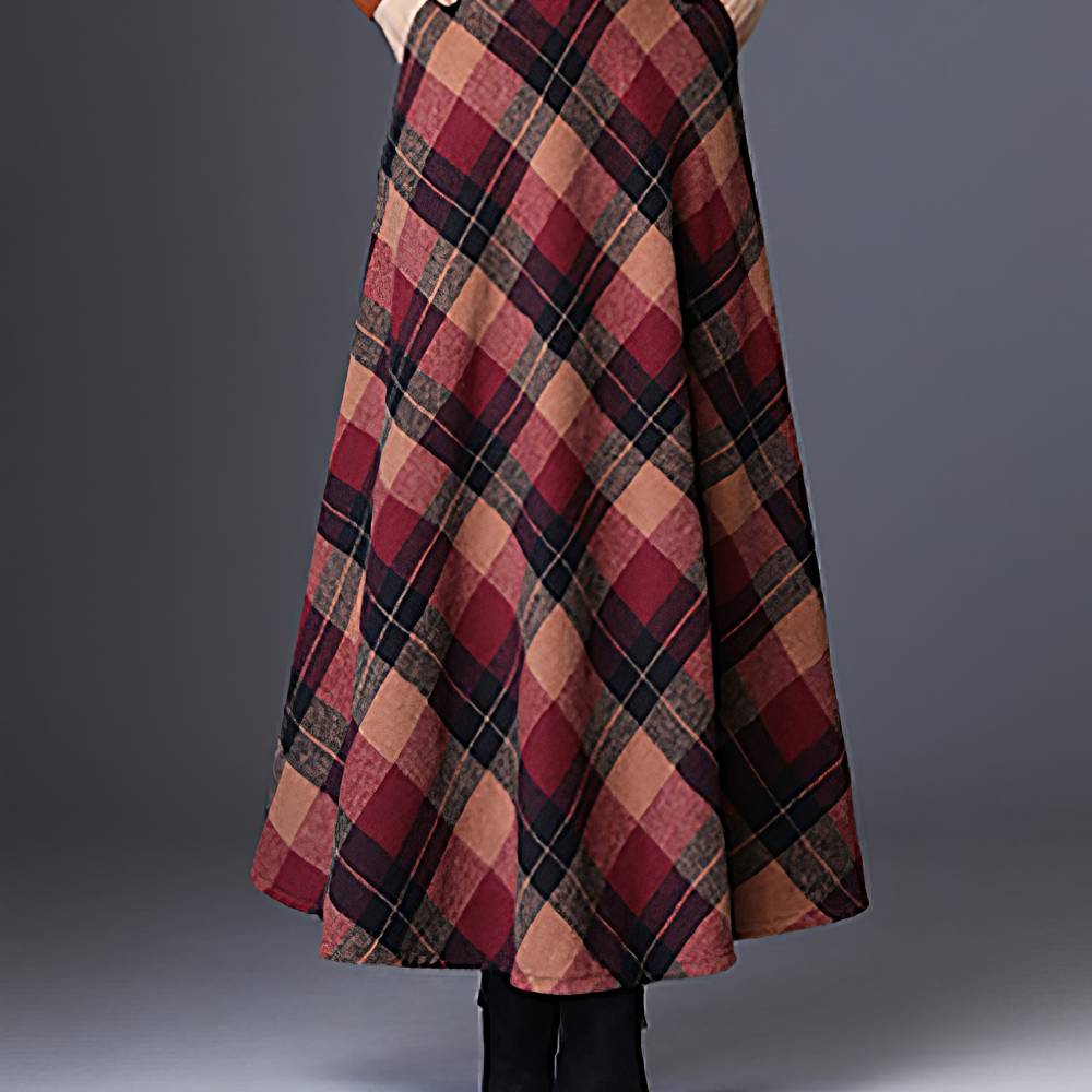 Jupe Longue Écossaise Évasée Rouge Et Beige – Image 2