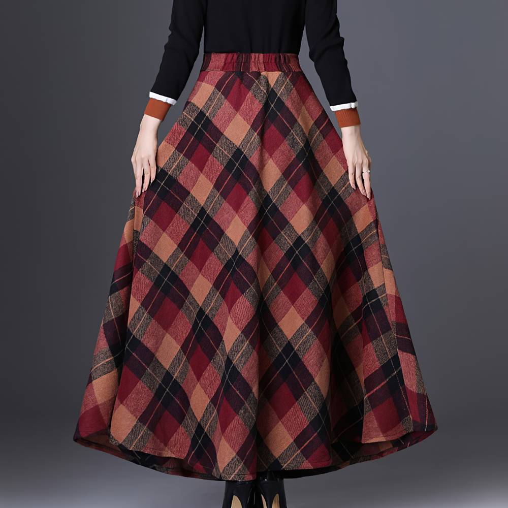 Jupe Longue Écossaise Évasée Rouge Et Beige – Image 4