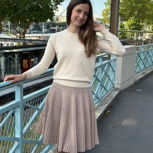 Jupe maille plissée en laine mérinos 100% mi-longue beige camel – Louise