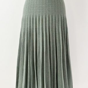 Jupe plissée mi-longue verte en laine et cachemire – Olivia