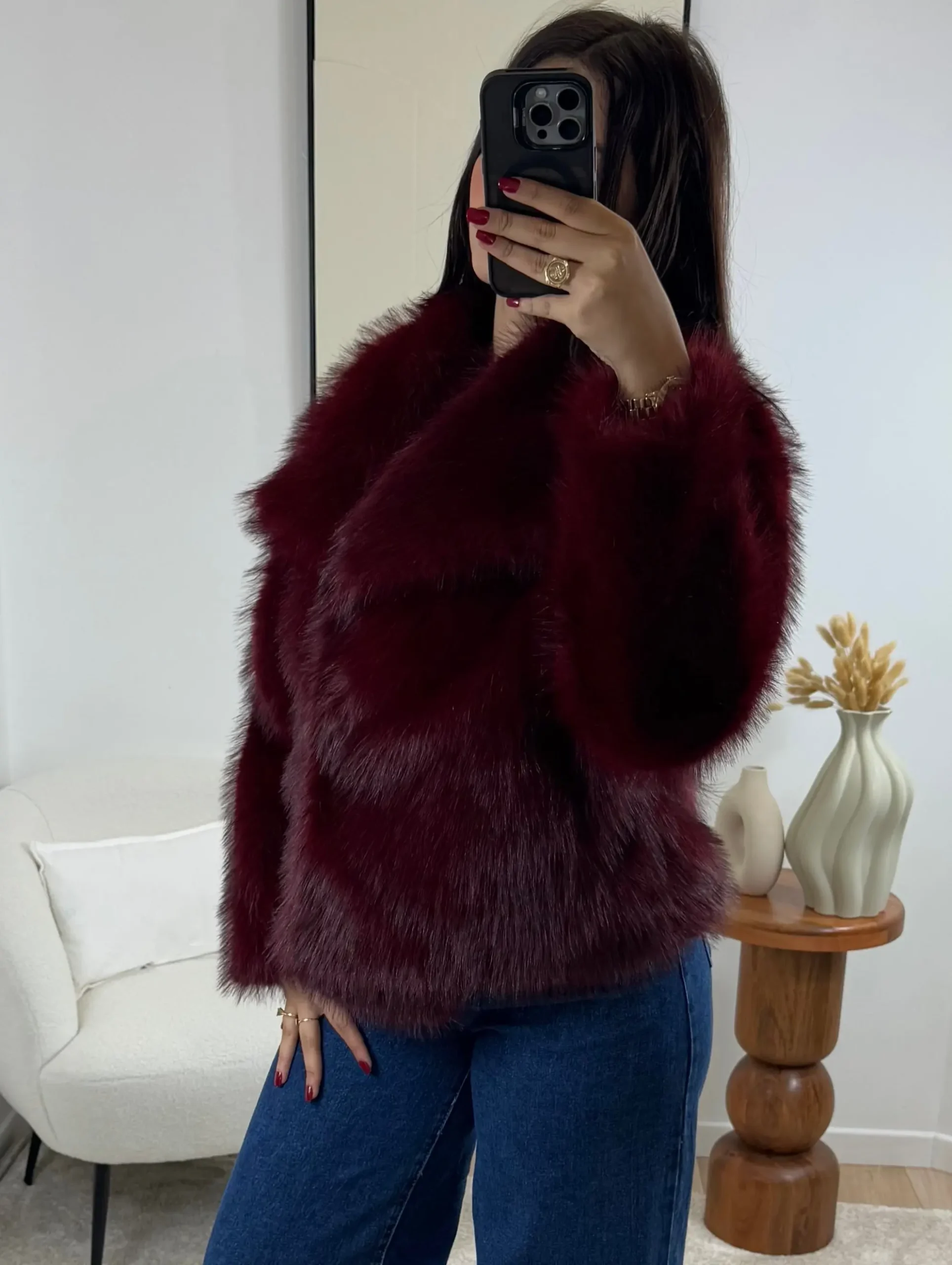 MANTEAU FAUSSE FOURRURE BORDEAUX PREMIUM – Image 3