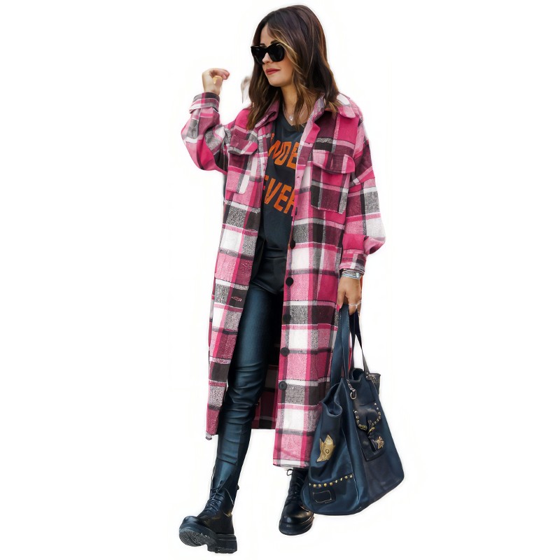 Manteau Écossais Rose Long Femme