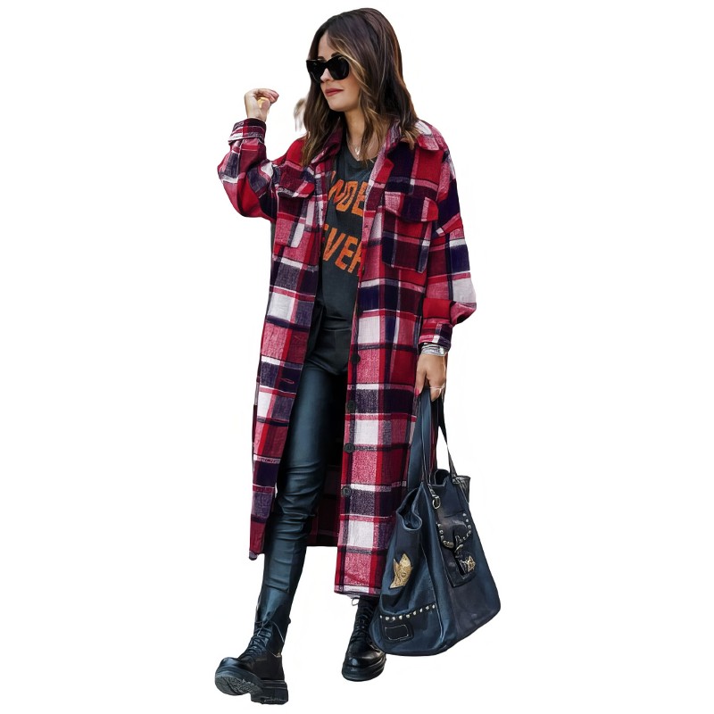 Manteau Écossais Rouge Long