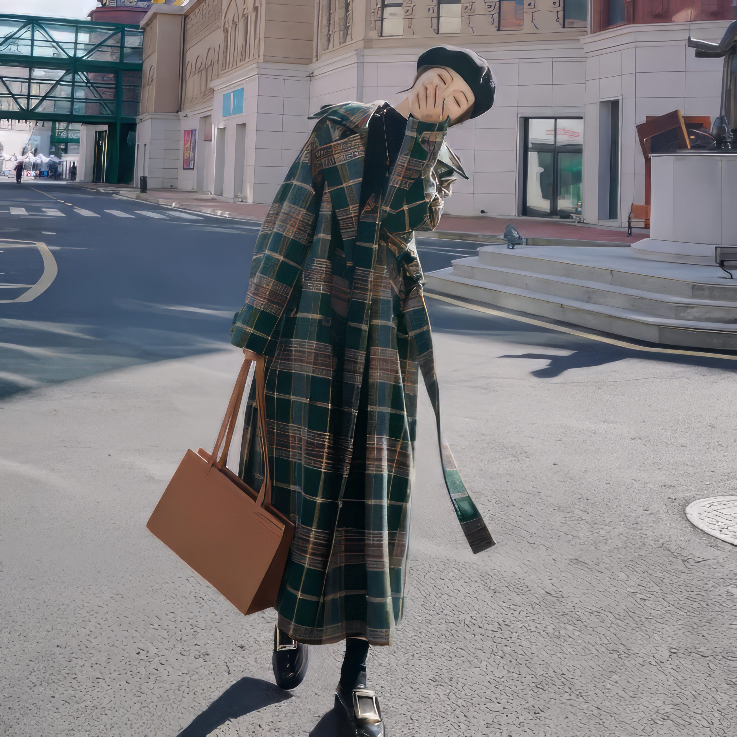 Manteau Long Écossais À Carreaux Avec Ceinture Vert Et Beige – Image 8