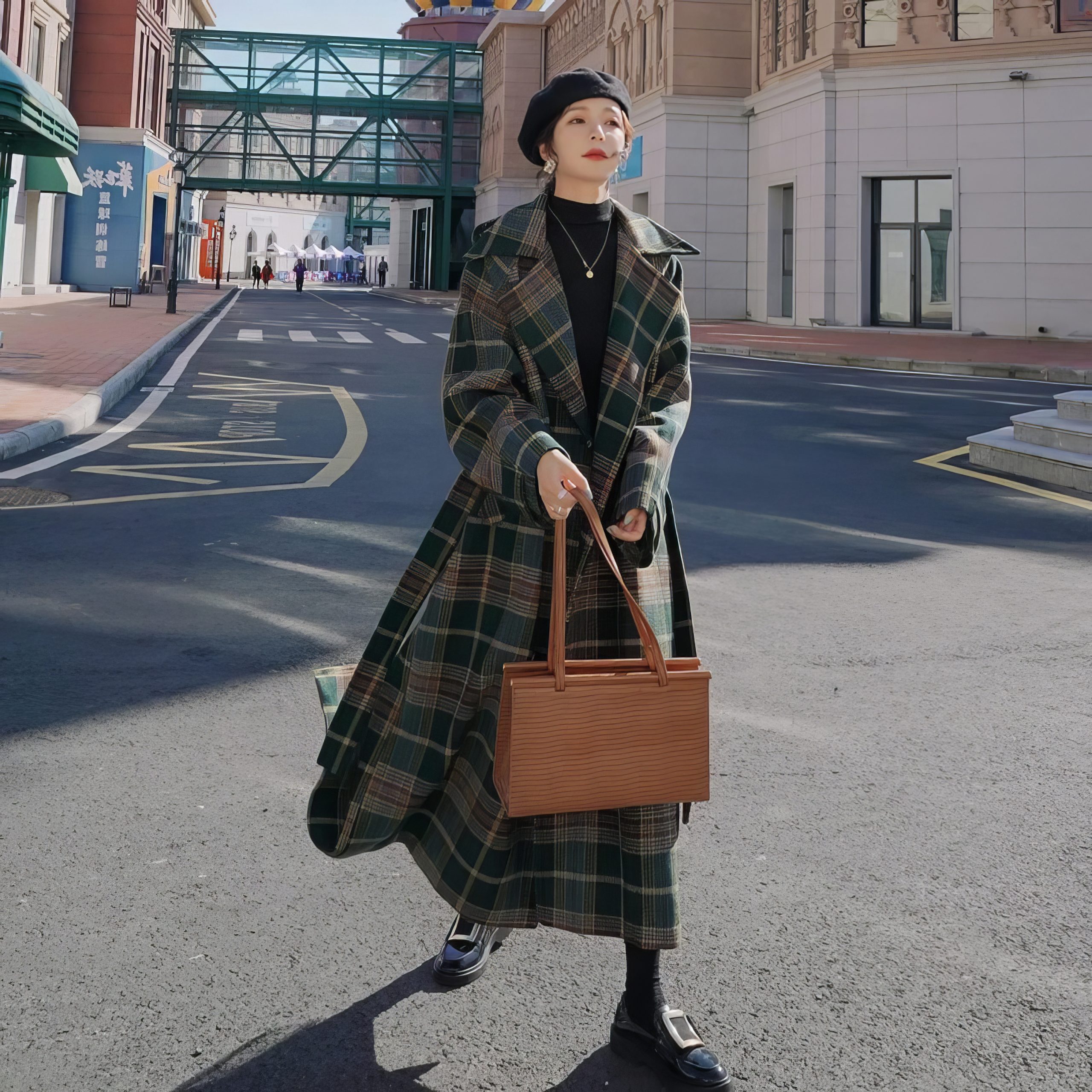 Manteau Long Écossais À Carreaux Avec Ceinture Vert Et Beige – Image 6