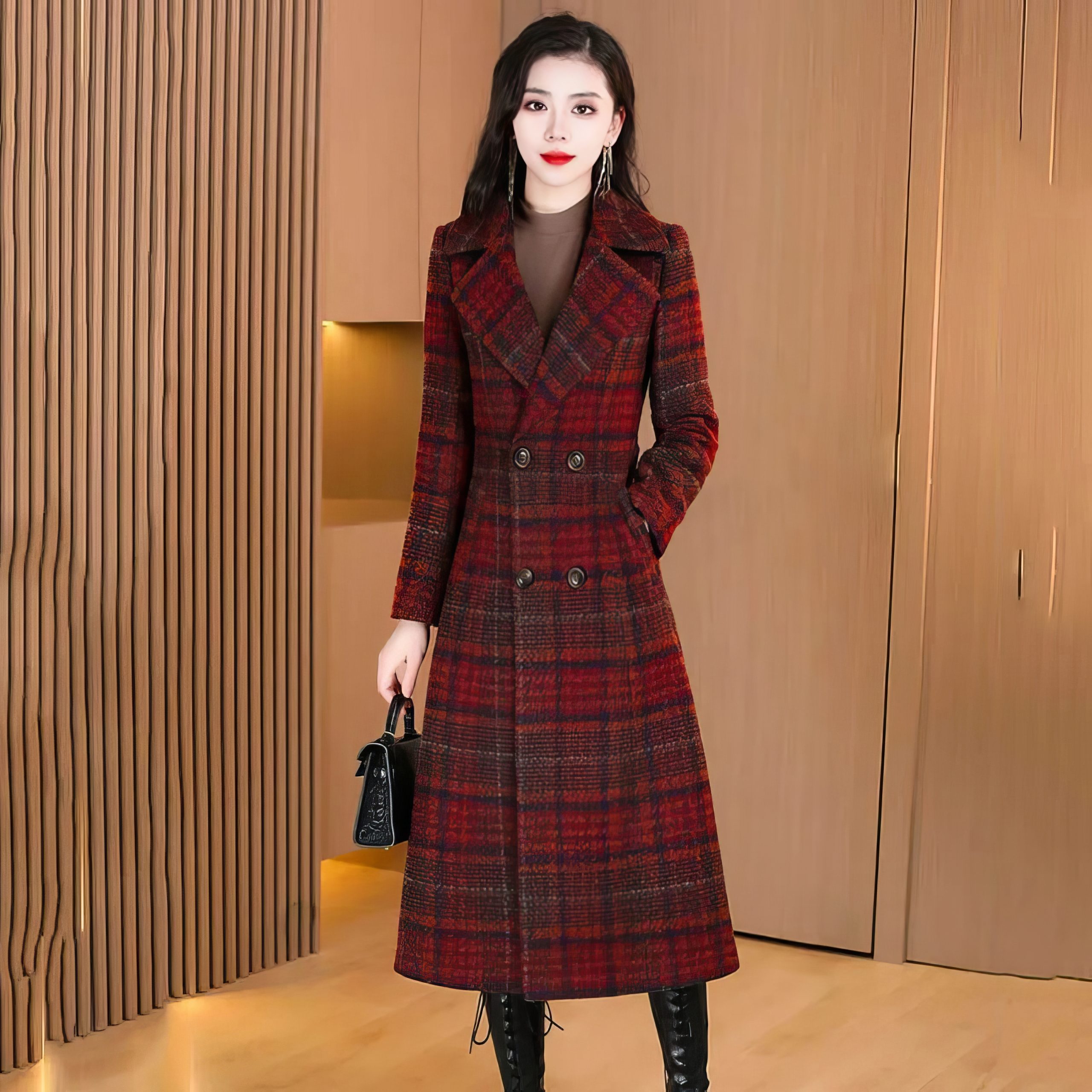 Manteau Long Écossais À Carreaux Avec Col À Revers Rouge Et Noir – Image 3