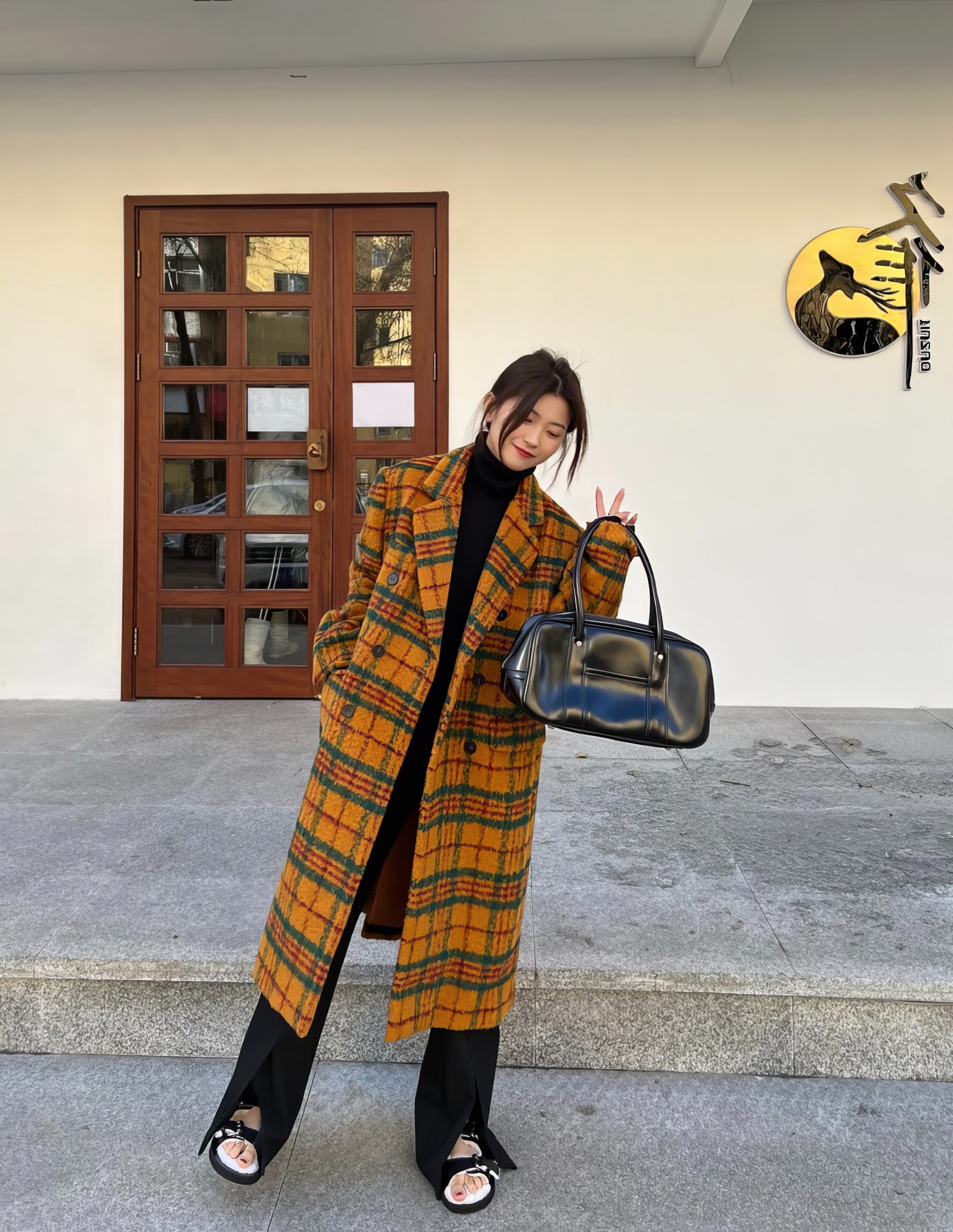 Manteau Long Écossais Jaune Et Vert Vintage – Image 3