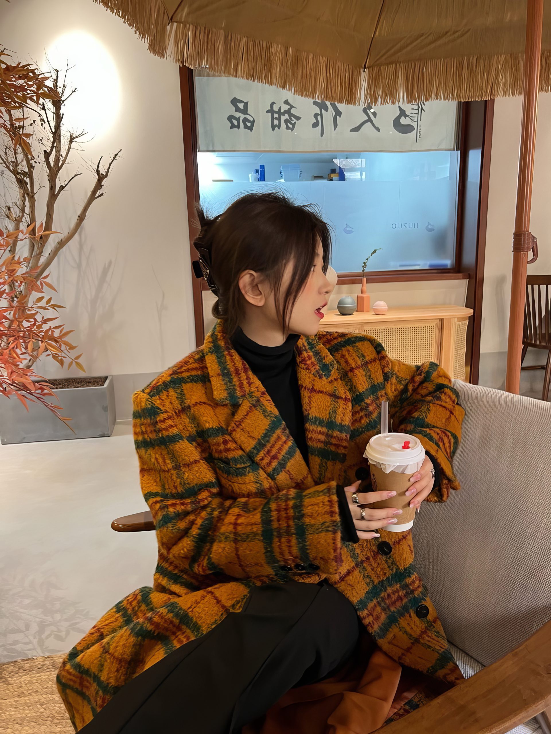 Manteau Long Écossais Jaune Et Vert Vintage – Image 5