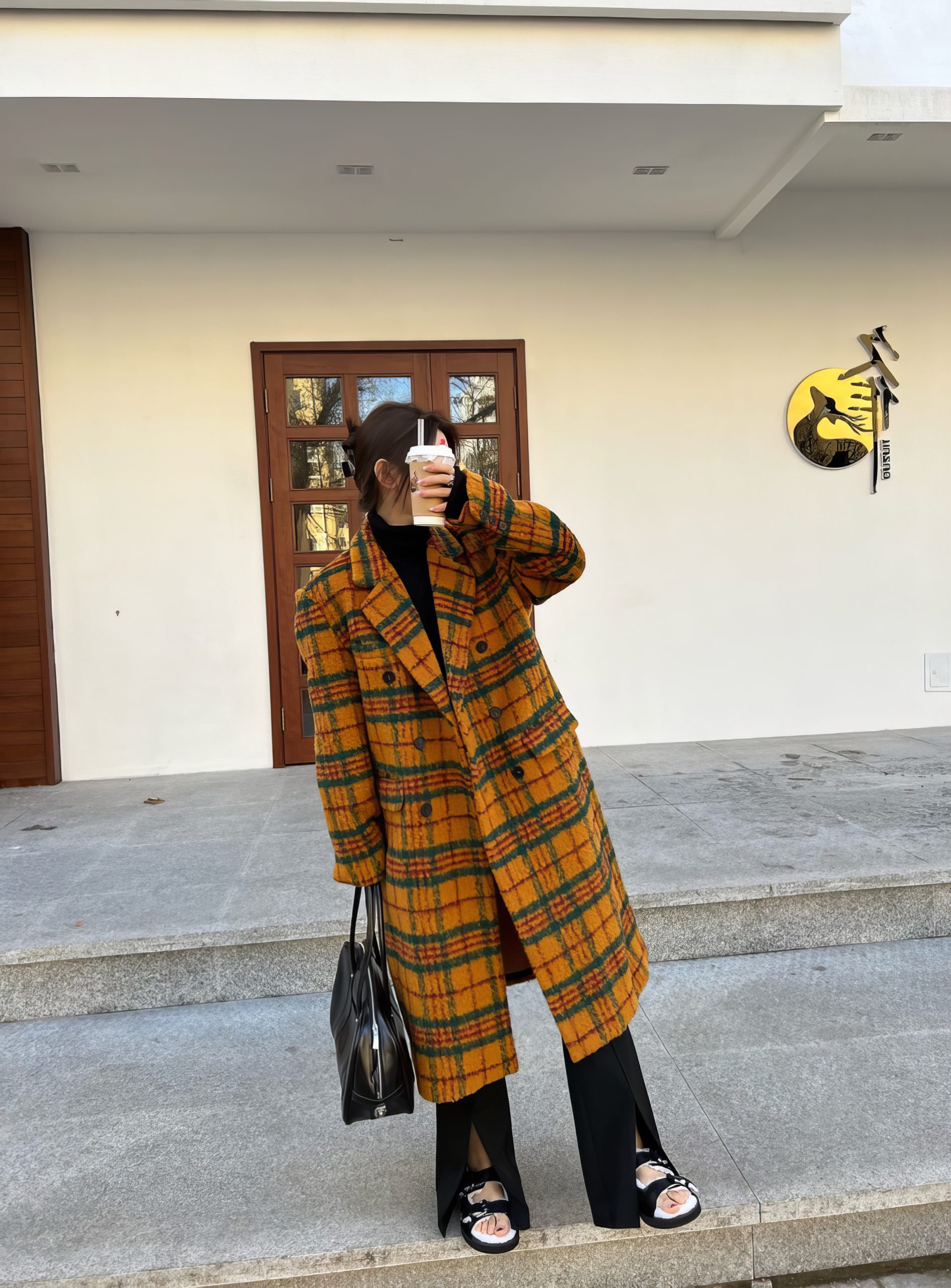 Manteau Long Écossais Jaune Et Vert Vintage – Image 8