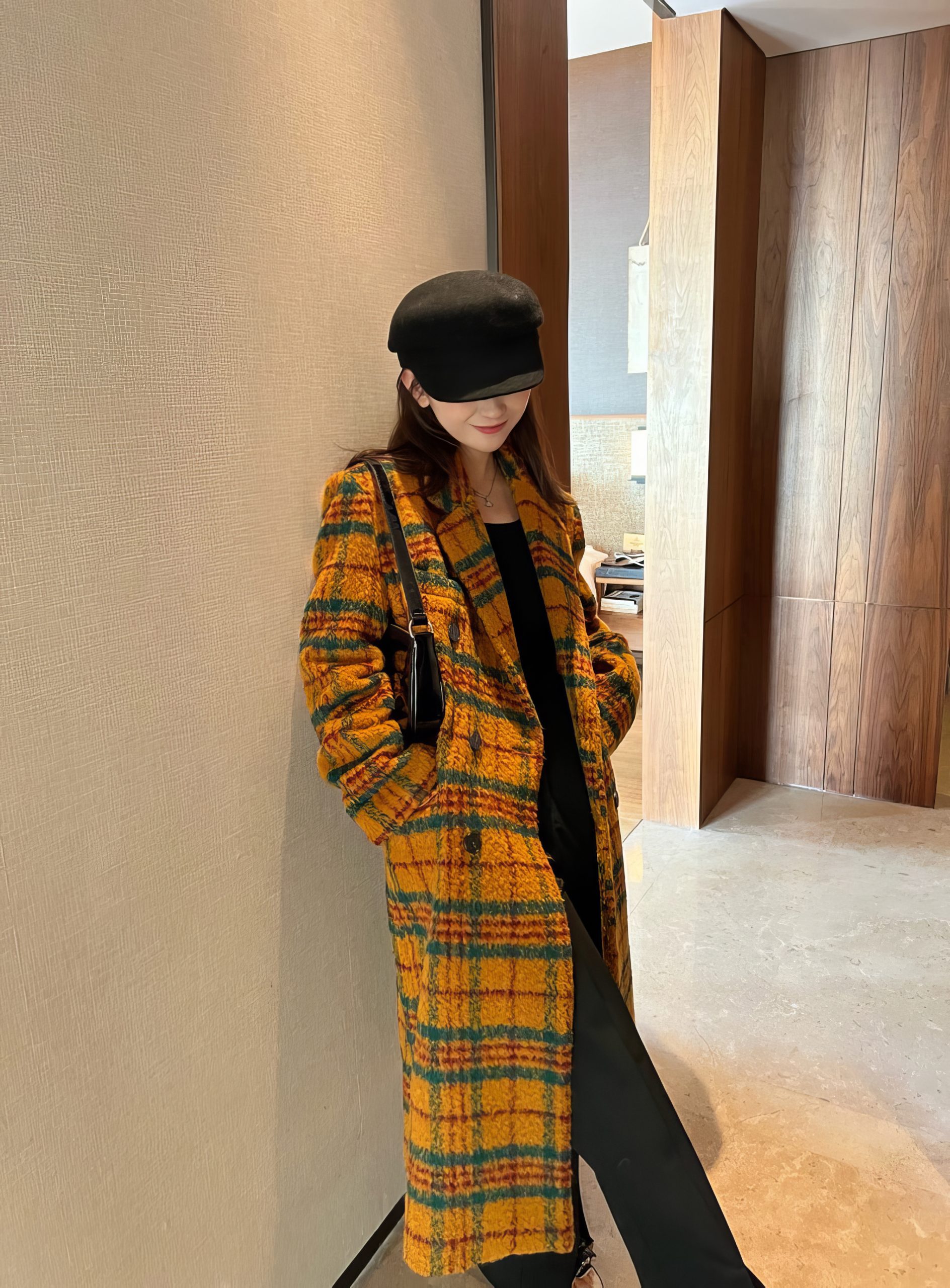 Manteau Long Écossais Jaune Et Vert Vintage – Image 9