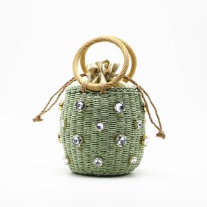 Petit Sac Paille Seau Vert Orné de Cristaux