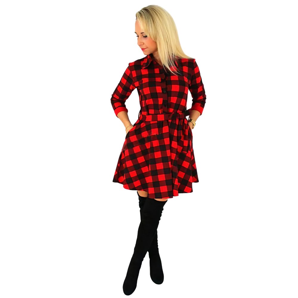 Robe Chemise Écossaise Noire À Carreaux Rouges Manches Longues