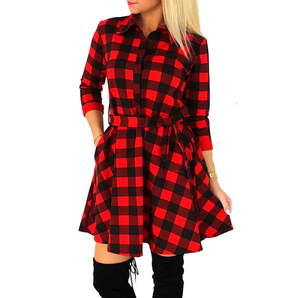 Robe Chemise Écossaise Noire À Carreaux Rouges Manches Longues – Image 2