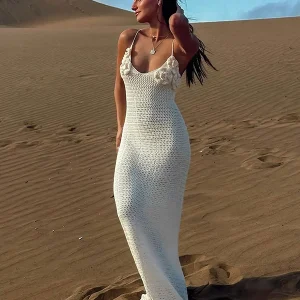 Robe Crochet Longue Blanche Bohème Bretelles Spaghetti