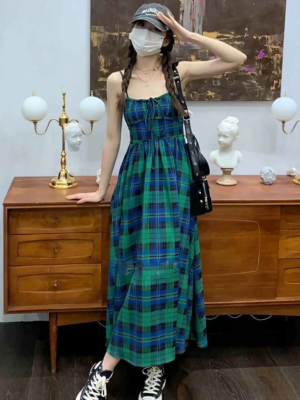 Robe Écossaise Longue Vert Et Bleu Bretelles Fines – Image 3