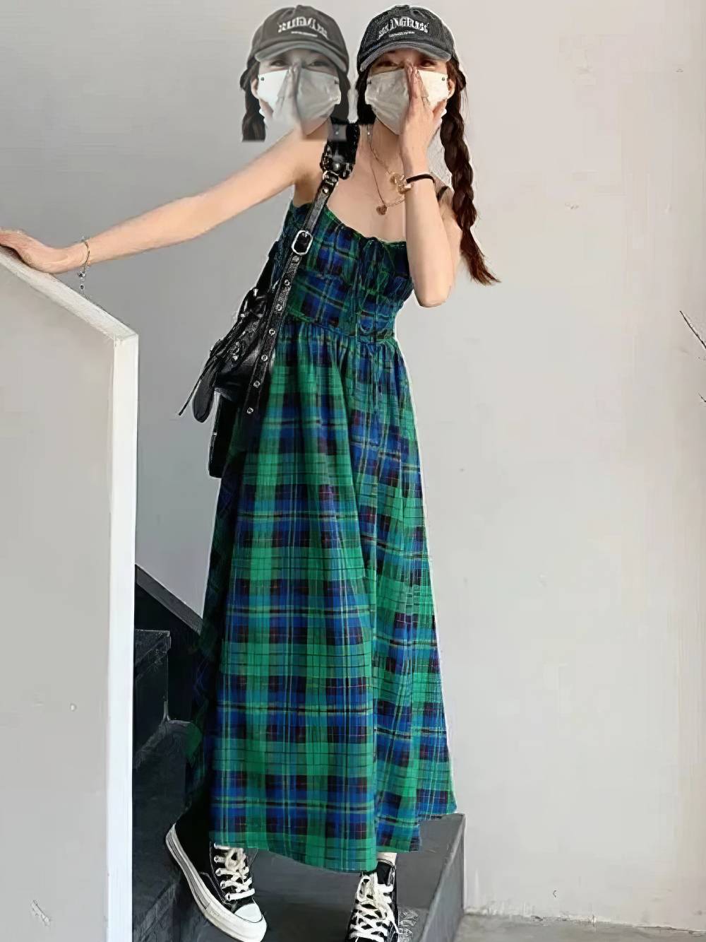 Robe Écossaise Longue Vert Et Bleu Bretelles Fines – Image 2