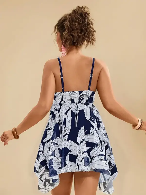 Robe Maillot de Bain Femme Bleu Imprimé Feuilles Blanches – CAROLINA – Image 3