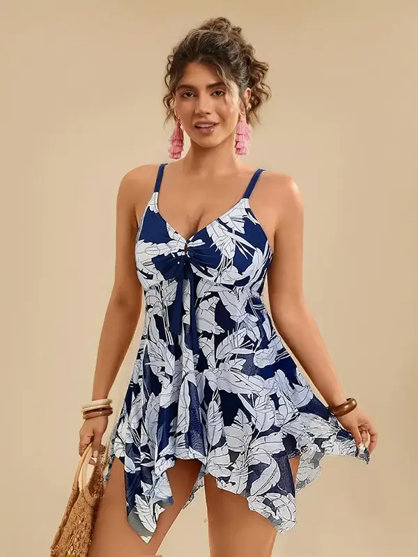 Robe Maillot de Bain Femme Bleu Imprimé Feuilles Blanches – CAROLINA