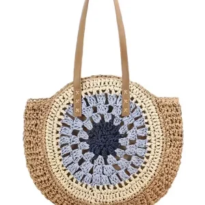 Sac Rond Paille Bohème Tissé avec Fermeture – Bleu
