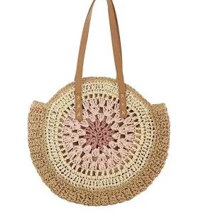 Sac Rond Paille Bohème Tissé avec Fermeture – Rose